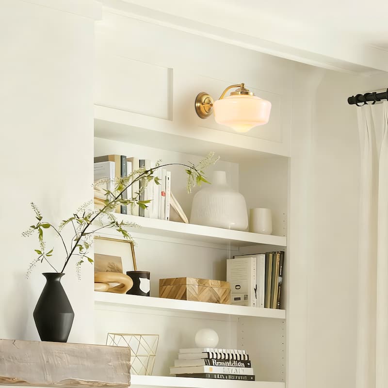 9.8 in. 1-Light Vintage Black/Gold Dimmable Wall Sconce With Milky White Glass Shade for Bedroom