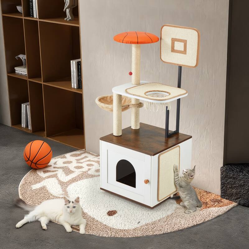 EROMMY Cat Tree & Litter Box Enclosure - 2-in-1 Cat Tower with Scratching Posts, Cat House for Indoor Cats, Multi-Level