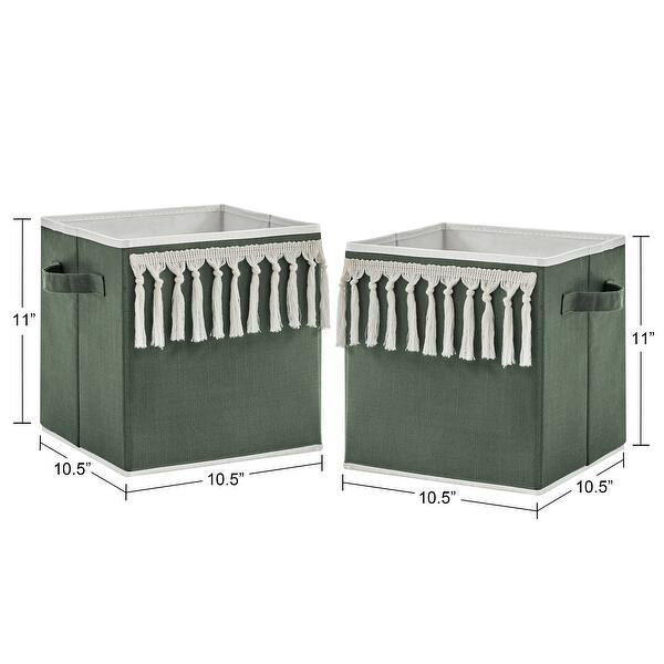 Dark Green Boho Chic Foldable Fabric Storage Bins Solid Sage Hunter Ivory Bohemian Linen Modern Farmhouse Designer Minimalist