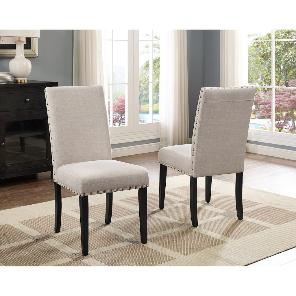 Modern Fabric Dining Chairs with Nailhead Trim, Linen Cotton Fabric Seat and Solid Wood Legs, for Dining Rooms, Set of 2, Tan