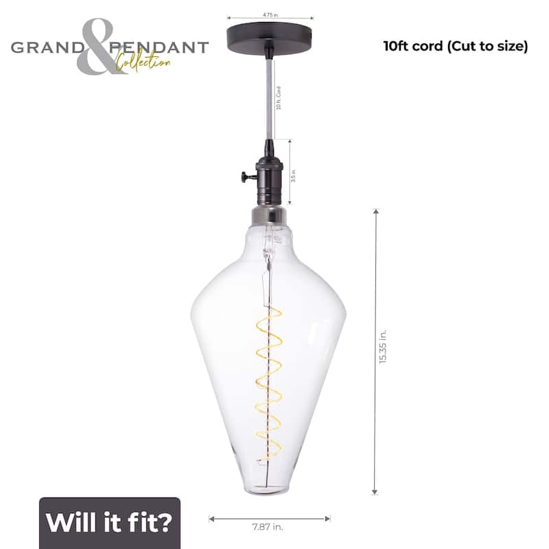 Bulbrite LED Grand Bulb and Pendant Kit Clear Glass 15" Diamond Shaped Bulb