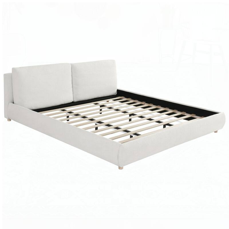 Boucle Fabric Upholstered Platform Bed with Two Removable Pillow Headboard