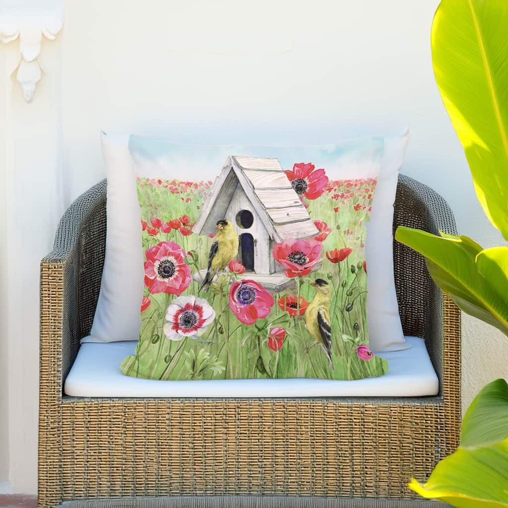 Magnolia Casual Outdoor Pillow Yellow Birds and Poppy Field 18x18