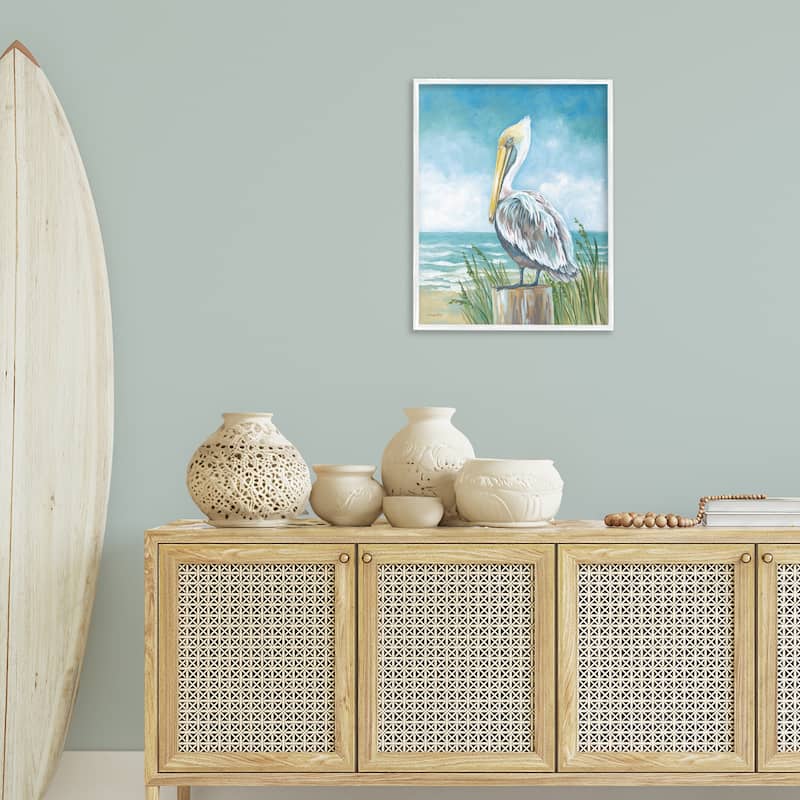 Stupell Pelican Perched near Shore Framed Giclee Art Design By Diane Kater