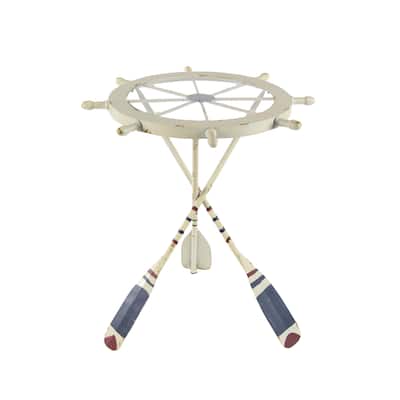 Metal Ship Wheel Top Accent Table with Oar Shaped Legs - White - Roche River Decor - 23"W x 23"L x 24"H