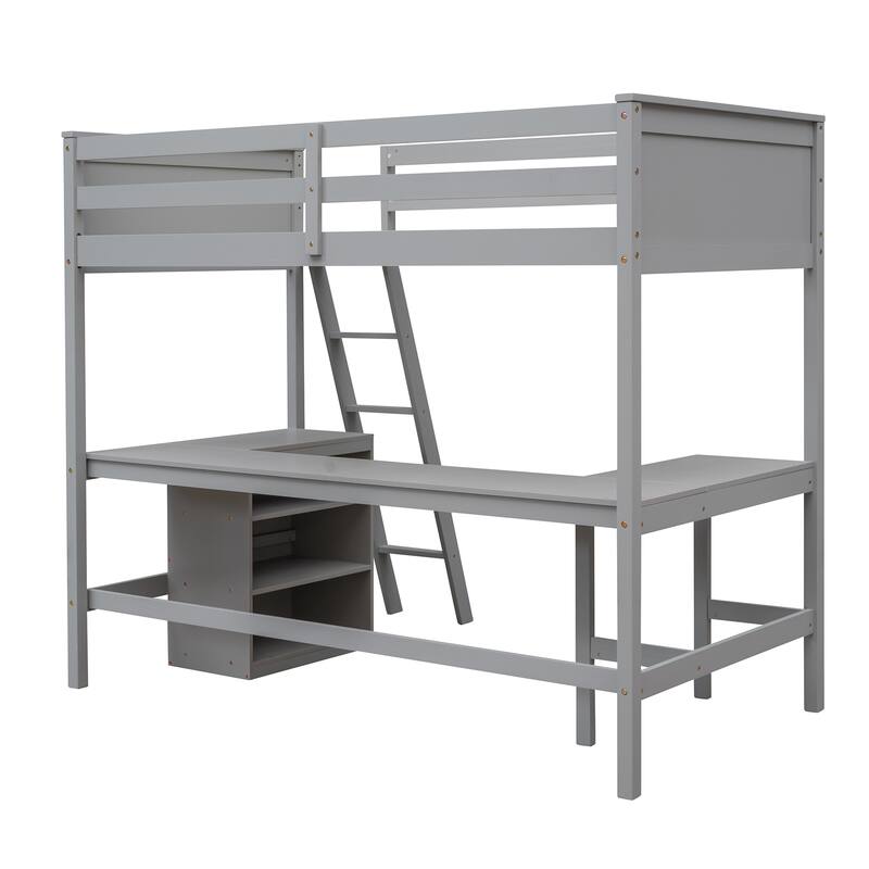 Wood Twin Loft Bed with Desk and Shelves
