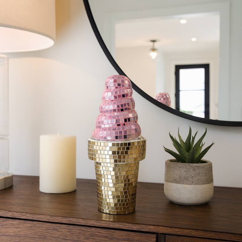 Mosaic Mirror Ice Cream Decorative Figurine - Pink/Gold - 4.25" x 4.25" x 9"