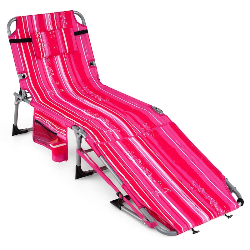 Gymax Tanning Chair w/ Face Arm Holes 4-Level Backrest & Head Pillow - Pink Stripe