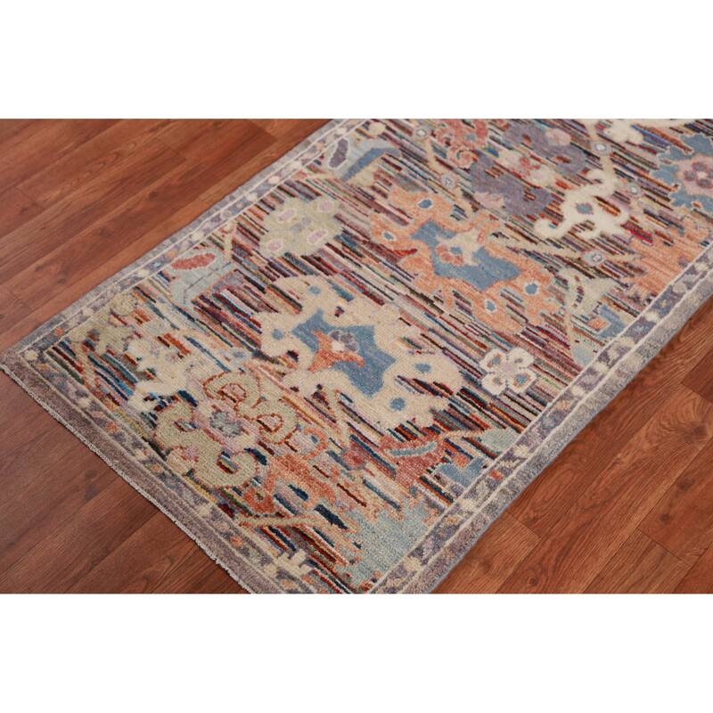 Hand Knotted Oriental 100% Wool Carpet Transitional Floral Multi-Colored Oushak Runner Rug - 19' 4'' X 2' 5''