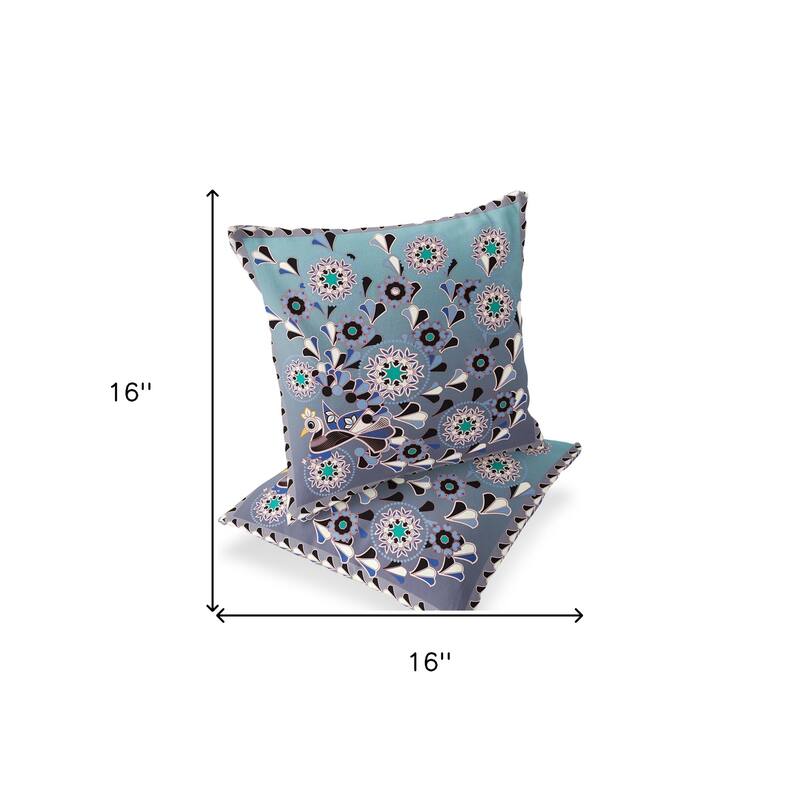 HomeRoots Set of Two 16" X 16" Blue and Purple Peacock Blown Seam Floral Indoor Outdoor Throw Pillow - 16.00' X '16.00' X '5.00
