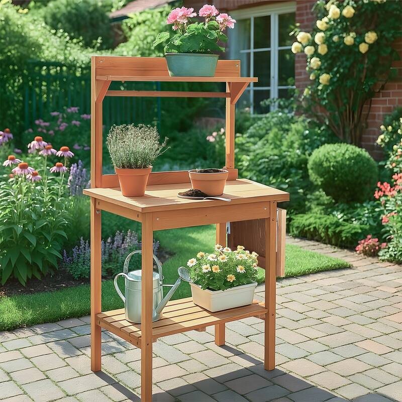Natural Wooden Multi-Level Garden Potting Station with Foldable Side Pallet and Storage Shelf for Tools