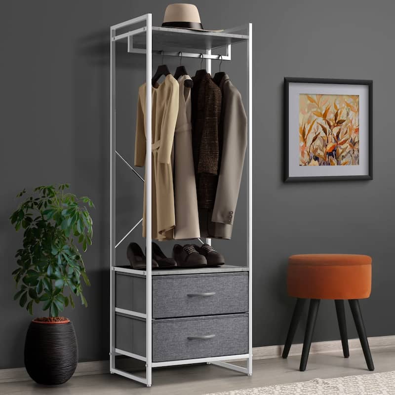 Clothing Rack with 2 Drawers - Tall Closet Stand Dresser for Bedroom