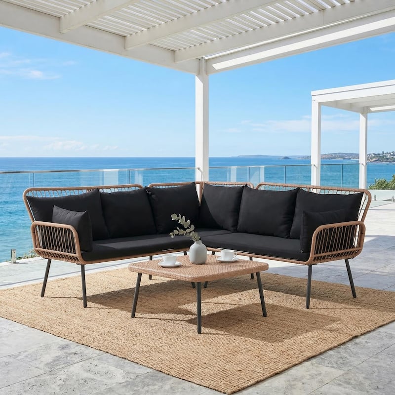 Outdoor Patio Furniture L-Shaped Corner Wicker Sofa Set with Coffee Table - Black