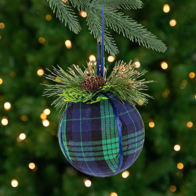 4" Green and Blue Plaid Hanging Christmas Ball Ornament