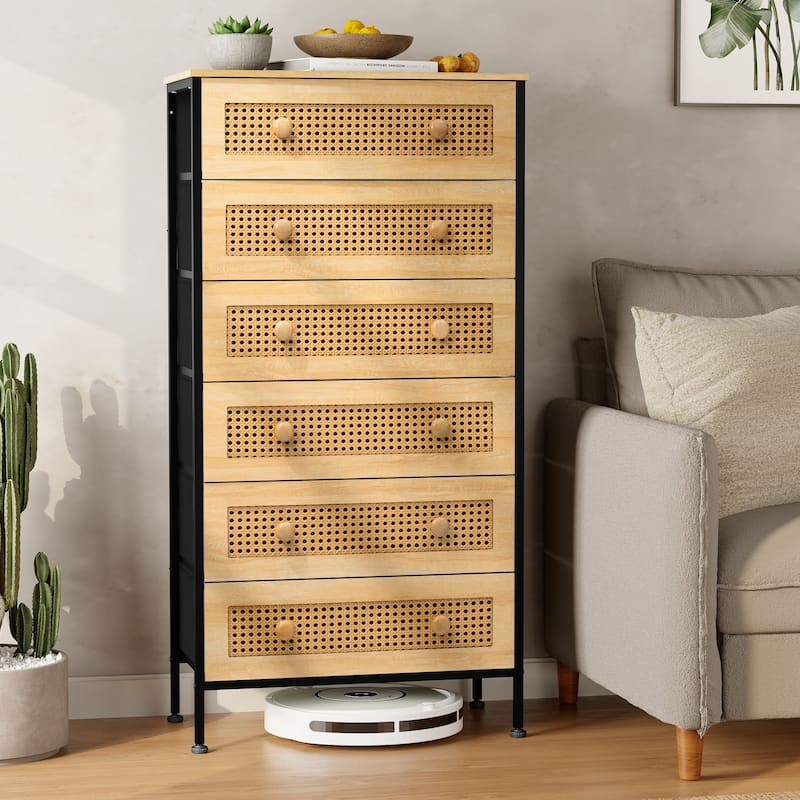 6-Drawer Chest Faux Rattan Fabric Drawers Dresser Storage Cabinet Bedroom Organizer - 1-piece, Natural - 6-drawer