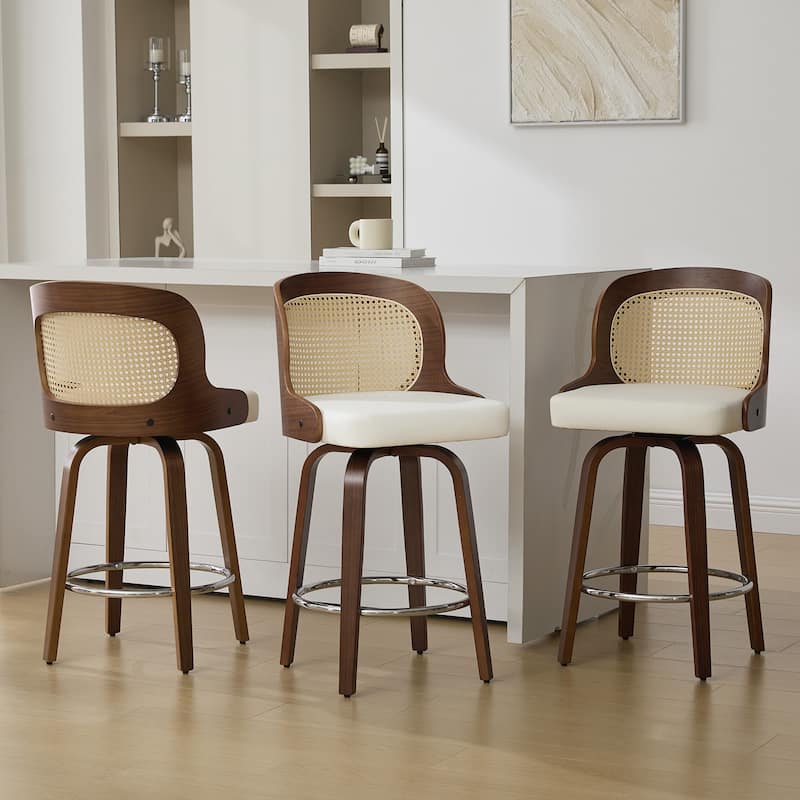 26" Upholstered Swivel Counter & Bar Stool with Rattan Back - 37.4"H x 19.09"W x 19.88"D - Set of 3 - White