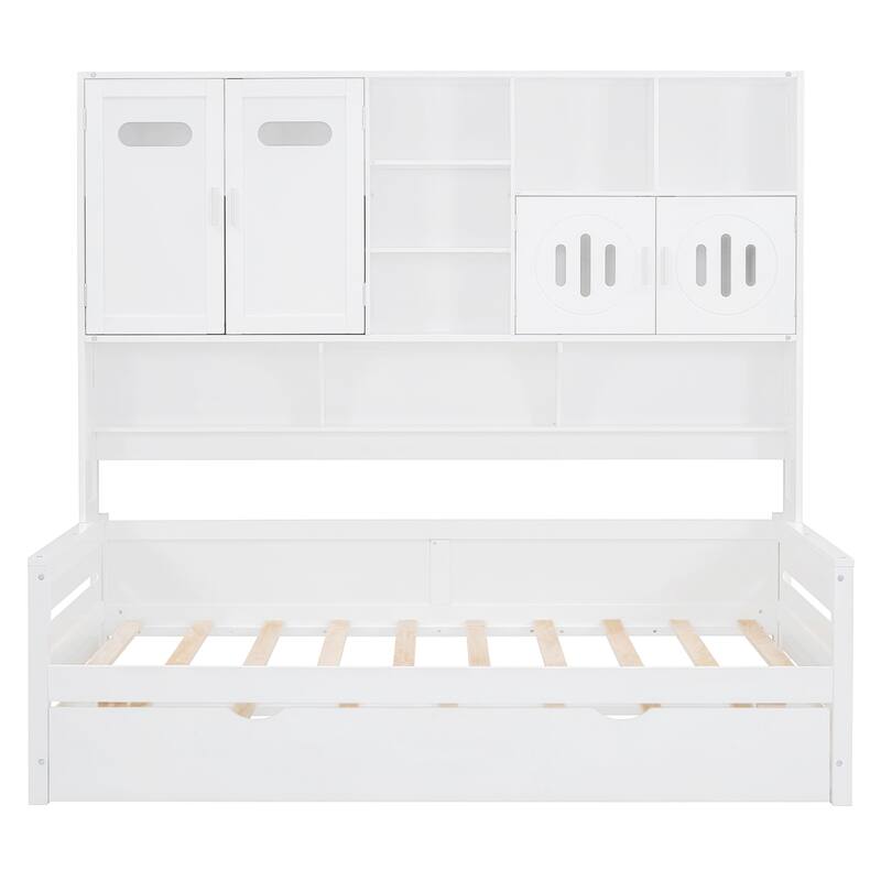 Full Size Wood Daybed with Built-in Storage Cabinet, Open Shelves & Twin Trundle Bed, Space-Saving Multi-Functional Frame