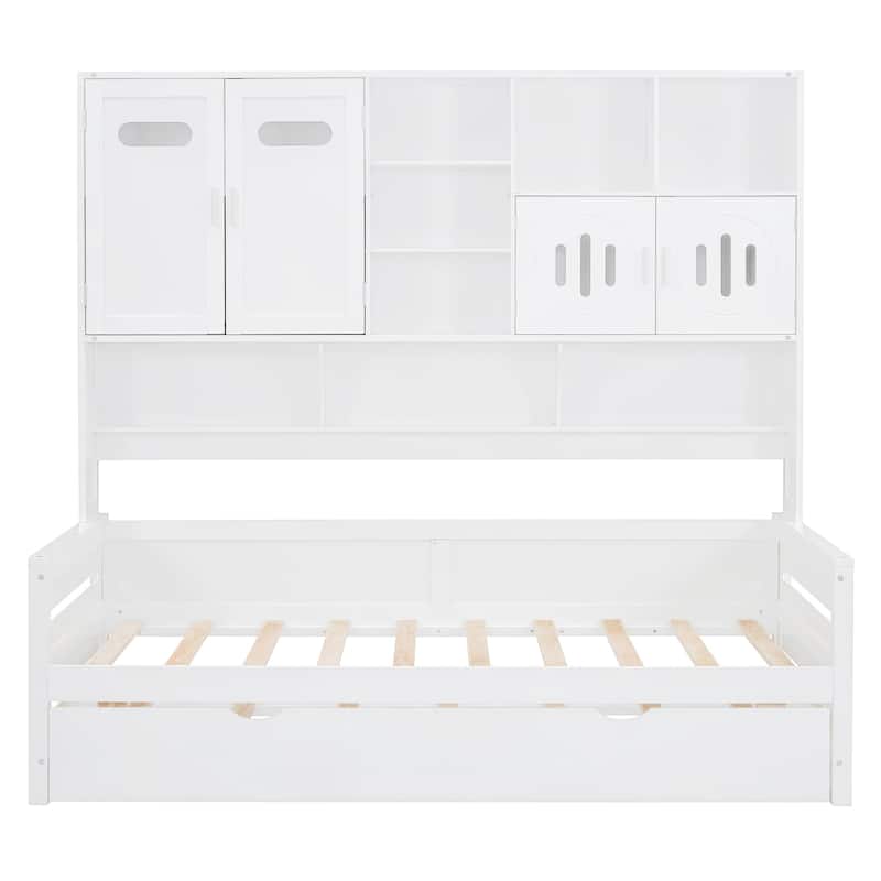 Space-Saving Twin Size Daybed with All-in-One Cabinet, Wooden Platform Bed Frame with Twin Trundle & Shelf, No Box Spring Needed