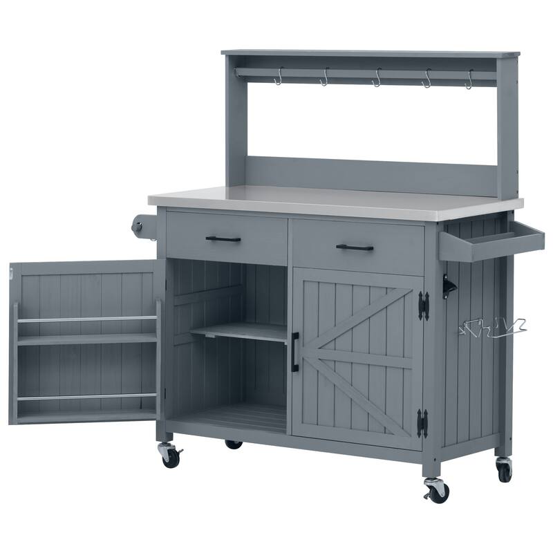 54.1" Outdoor Solid Wood Kitchen Island with Stainless Steel Top, High Shelf & Lockable Wheels