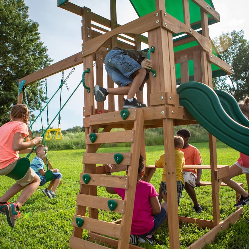 Backyard Discovery Belmont Cedar Wood Swing Set, Slide, Play Deck - 17'7" x 7'3"