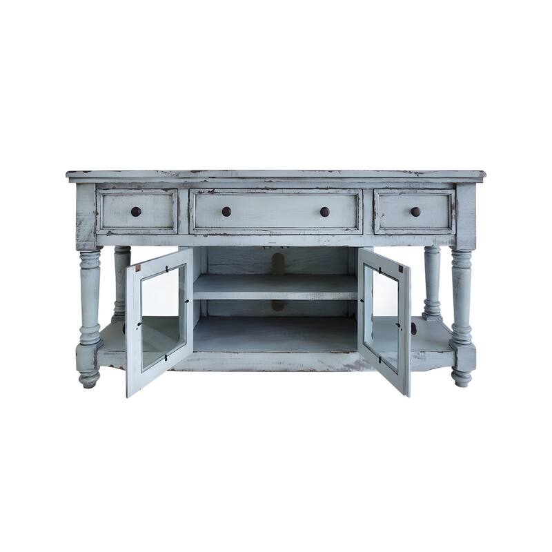 HomeRoots 70" Blue Solid Wood Open shelving Distressed TV Stand - 70' X '34.75' X '19