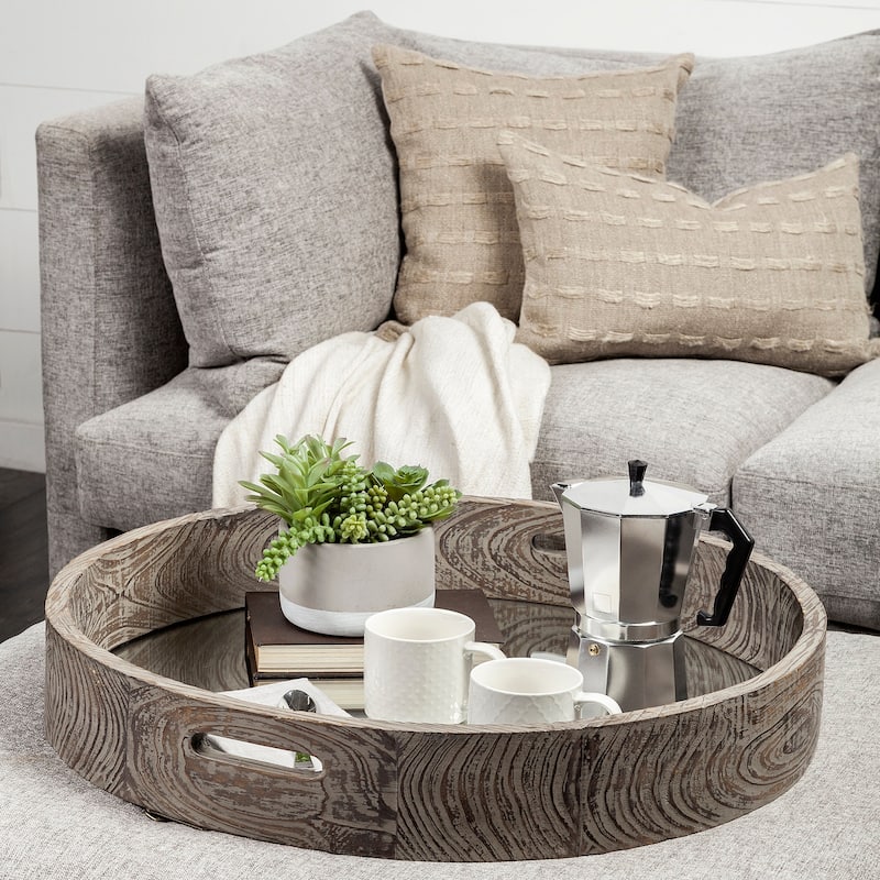 Whittier Brown Wood With Mirrored Base Round Tray - 28" x 28"