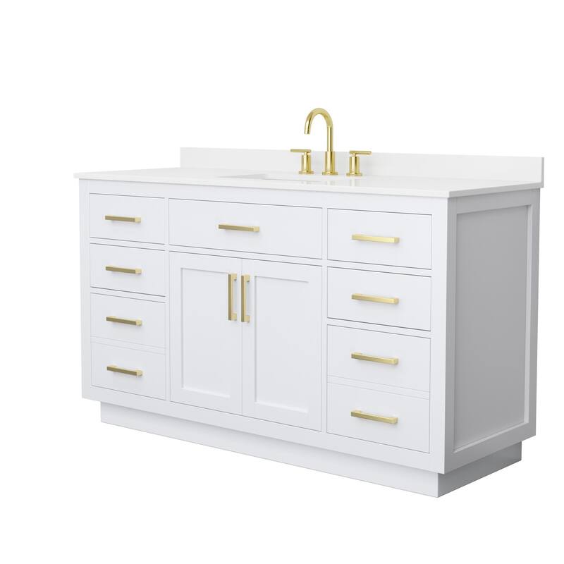 Beckett TK 60-inch Single Vanity, 3 Hole Quartz Top - White, Gold Trim, White Quartz Top