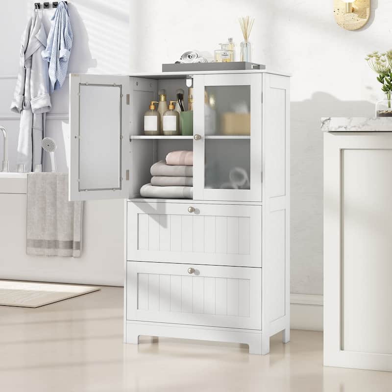 Gymax Bathroom Floor Storage Cabinet Freestanding Cupboard Pantry w/ 2