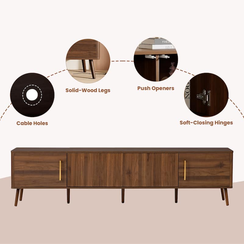 78" Modern TV Stand for 85" TVs, Entertainment Center with Fluted Doors, Solid Wood Legs & Cable Management, Soft-Close Hinges