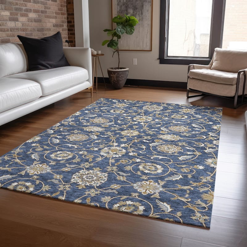 Machine Washable Indoor/ Outdoor Traditional KashanChantille Rug - Navy - 5' x 7'6"
