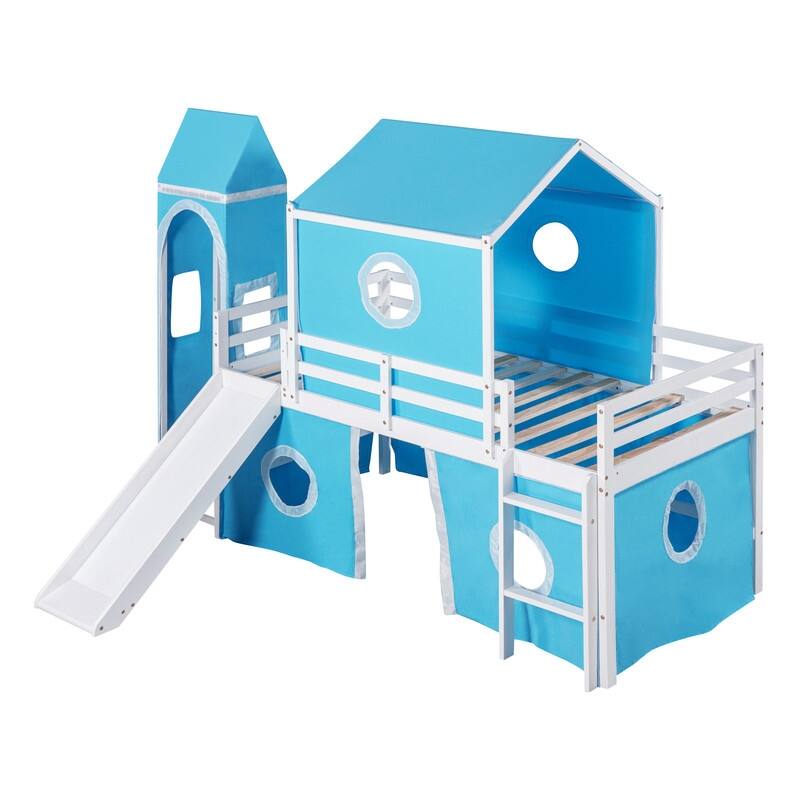Playhouse Twin Size Bunk Bed with Slide Pink Tent and Tower, Blue Bed Bath & Beyond 39998089