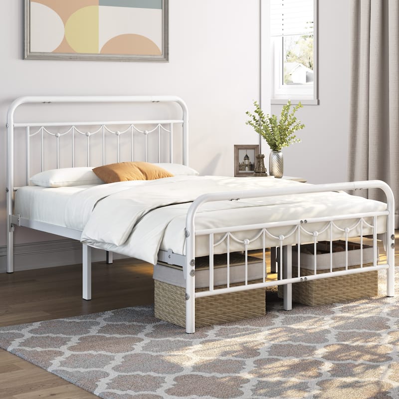 Yaheetech Metal Platform Bed Frame with Vintage Headboard and Footboard Metal Bed Base - White - Full