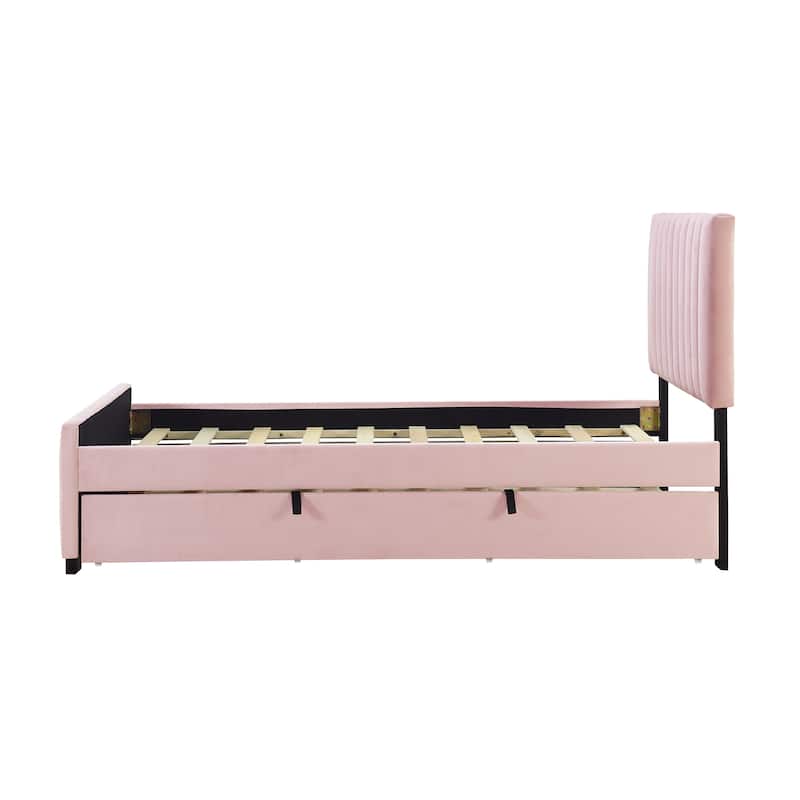 Twin Size Velvet Upholstered Platform Bed with Trundle, Pink