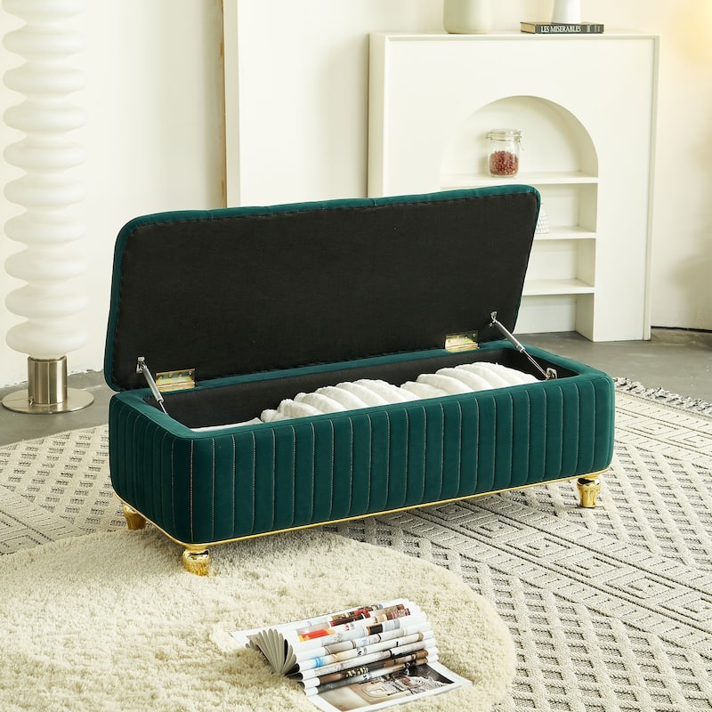 Velvet Fabric Storage Ottoman, Upholstered Button Tufted Storage Bench, End of Bed Bench with Safety Hinge & Metal Legs