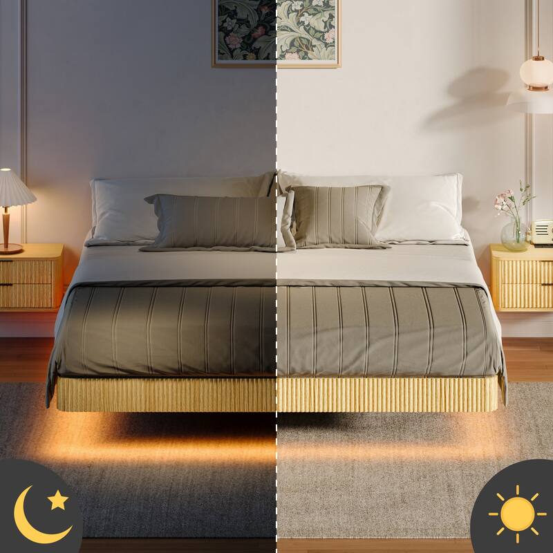 Smart LED Floating Bed without Headboard, Wave Curve Wood Texture Bed Frame, Heavy Duty Metal Slat Support