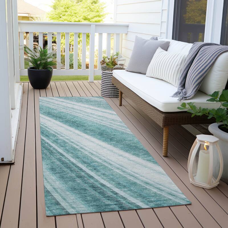 Machine Washable Indoor/ Outdoor Stripe Wave Chantille Rug - Teal - 2'3" x 7'6"