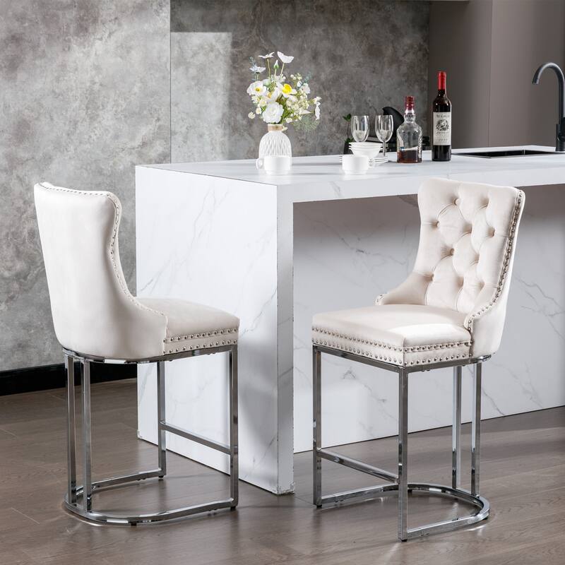 Roomfitters Velvet Counter Height Bar Stools Set of 2, Tufted Upholstered Bar Chairs with Nailhead Trim and Chrome Metal Base - Beige
