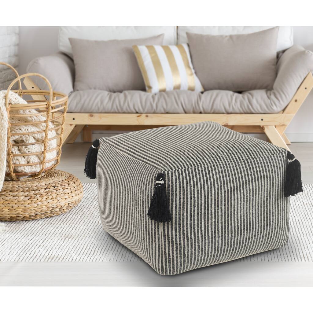 Sevita Striped Gray Pouf with Tassels
