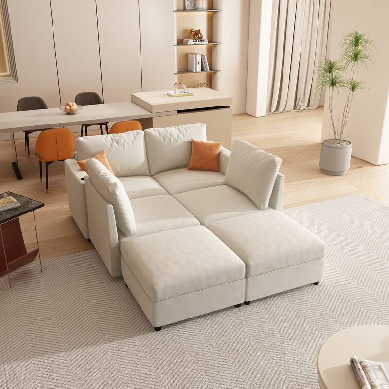 Oversized Sectional Sofa Set, Convertible L Shaped Couch Sofa Bed with Storage, 6 Seater Modular Sofa with Ottomans and Chaise