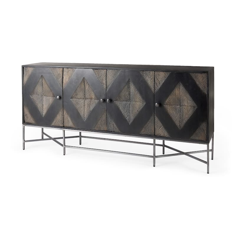 Hogarth I Two-Tone Brown Solid Wood Base Silver Frame 4 Cabinet Sideboard - Brown