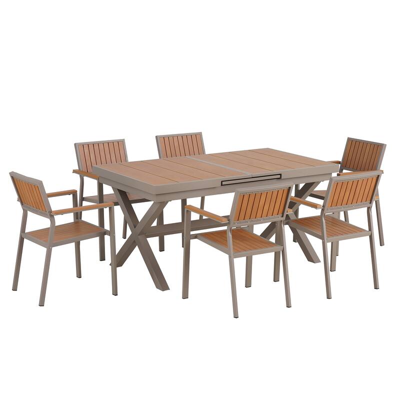 Flexible Outdoor Dining Set,6 Chairs and Extendable Table,62.9" to 82.6" - Camel,Natural