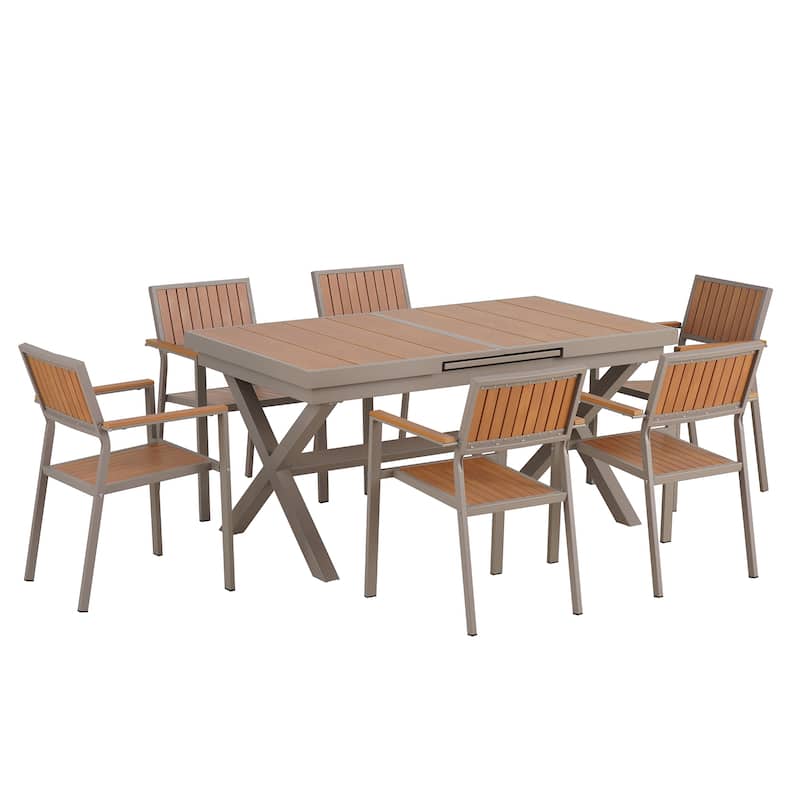Outdoor Plastic Wood Chairs Set with Six Chairs and a Table (Set of 7)