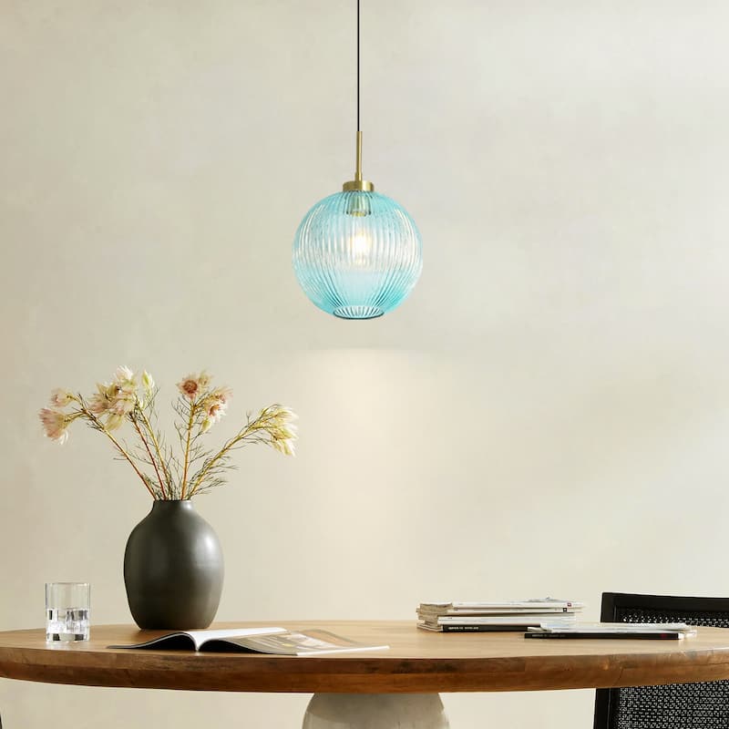 1-Light 9.8" W Mid-century Modern Metal Hanging Pendant Light with Blue Ribbed Glass Globe Shade for Kitchen Island, Dining Room