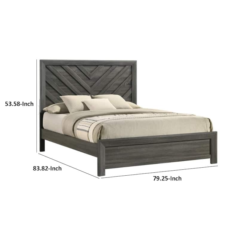 Velz King Size Bed w Chevron Patterned Headboard, Dark Gray Wood