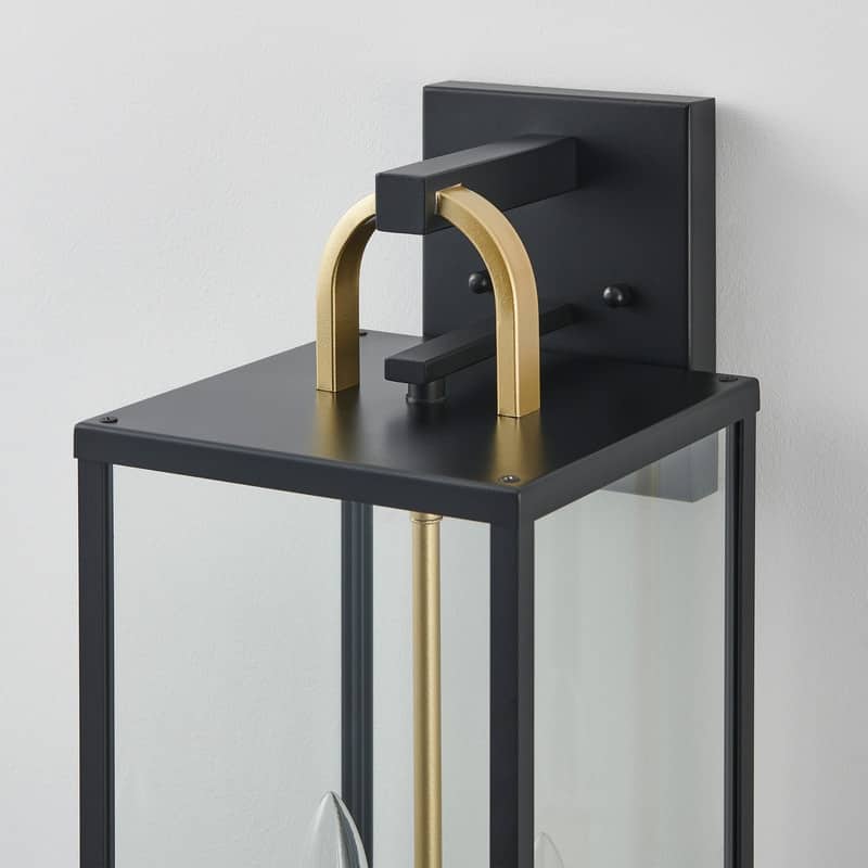 KAWOTI 2-Light Black & Gold Outdoor Lantern Wall Light - W8.25" x H20" x D9.5"