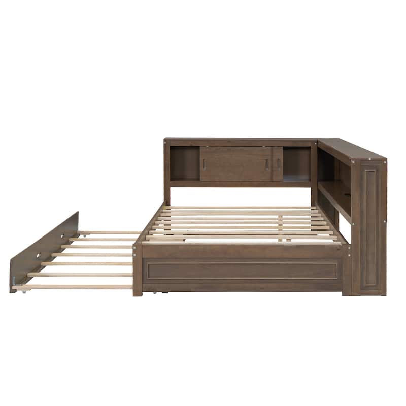 Modern Full Size Daybed with Trundle Bed and Bookcase, L Shaped Solid Wood Corner Bed Frame with LED Lights and USB Ports