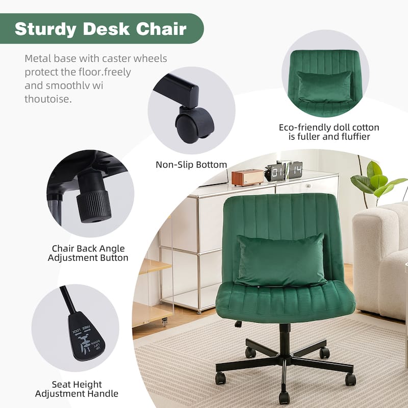 Velvet Criss Cross Chair with Wheels, Ergonomic ​Home Office Chair, ​Adjustable Swivel Vanity Chair with Lumbar Pillow
