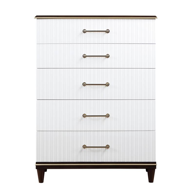 Shim 54 Inch Tall Dresser Chest with 5 Drawers, White, Cherry Brown Wood