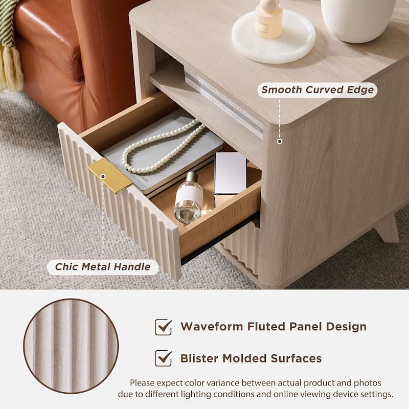 Modern Fluted Nightstand with Faux Marble Top, Side Table, End Table