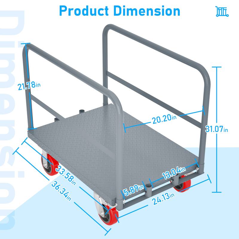 Heavy Duty Steel Panel Truck - 2000 lbs Drywall & Lumber Cart with 6" Swivel Brake Casters, Handrails, 36"x24"